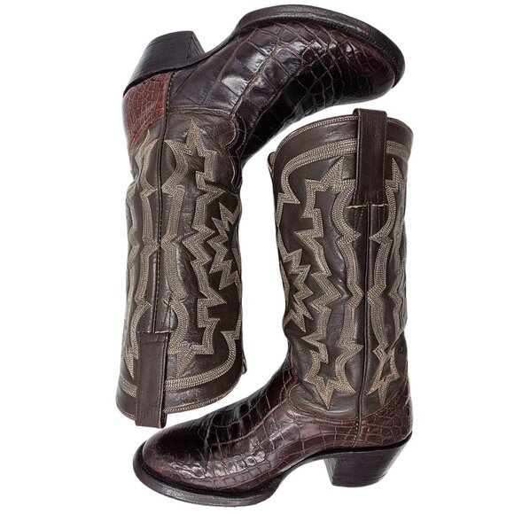 Bias Cut Alligator Cowboy Boots Vintage Exotic Custom 7.5D Brown Gator Western - Picture 12 of 16